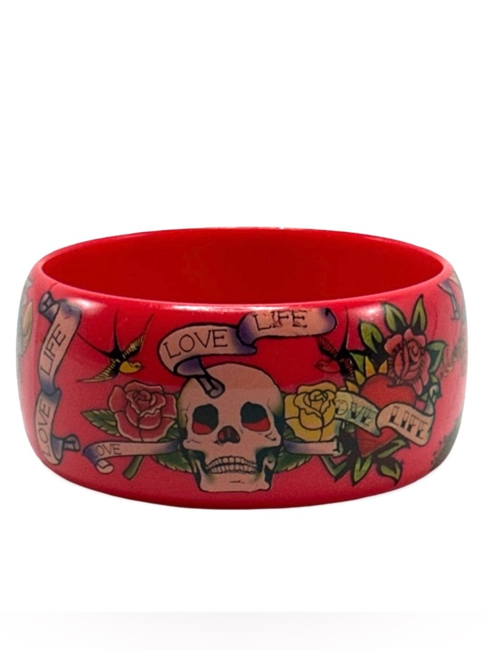 Ed Hardy Vintage Red Tattoo Flash Wide Bangle Bracelet Skull Love Life